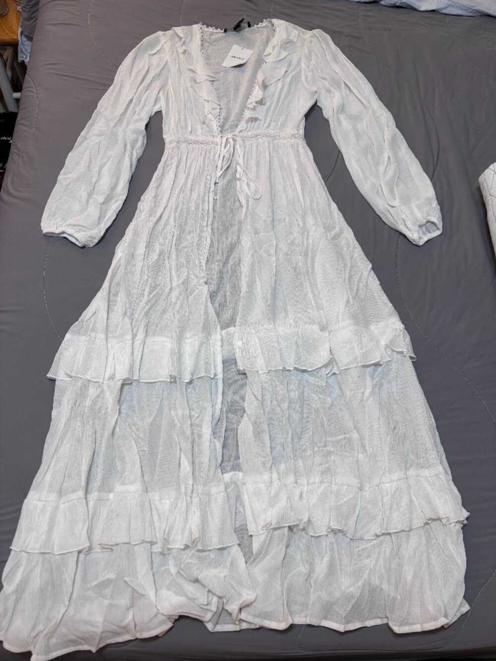 NWT Forever 21 White Ruffle Maxi Cover Up Dress Size Small Lace Tie Front Boho